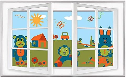 Alonline Art - בעלי חיים בשדה לילדים על ידי חלון תלת מימד מזויף | הדפס על מדבקות קיר מדבקות ויניל | 31 x20 - 79x51 סמ | עיצוב בית לאמנות